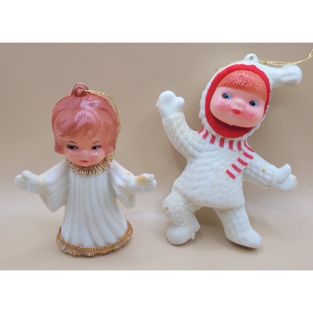 Vintage Flocked Christmas Ornaments Angel Snow Baby Red Scarf Retro Set of 2 MCM